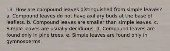 18. How are compound leaves distinguished from simple leaves? a. Compound leaves do not have axillary buds at the base of leaflets. b. Compound leaves are smaller than simple leaves. c. Simple leaves are usually deciduous. d. Compound leaves are found only in pine trees. e. Simple leaves are found only in gymnosperms.