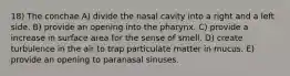 18) The conchae A) divide the nasal cavity into a right and a left side. B) provide an opening into the pharynx. C) provide a increase in surface area for the sense of smell. D) create turbulence in the air to trap particulate matter in mucus. E) provide an opening to paranasal sinuses.