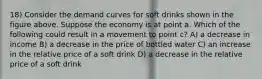 18) Consider the demand curves for soft drinks shown in the figure above. Suppose the economy is at point a. Which of the following could result in a movement to point c? A) a decrease in income B) a decrease in the price of bottled water C) an increase in the relative price of a soft drink D) a decrease in the relative price of a soft drink