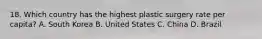 18. Which country has the highest plastic surgery rate per capita? A. South Korea B. United States C. China D. Brazil