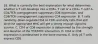 18. What is currently the best explanation for what determines whether a T cell develops into a CD8+ T cell or a CD4+ T cell? A. CD4/TCR coengagement suppresses CD8 expression, and CD8/TCR coengagement suppresses CD4 expression. B. T cells randomly down-regulate CD4 or CD8, and only cells that still bind the appropriate MHC will get a strong enough signal to survive. C. CD4 or CD8 expression is determined by the strength and duration of the TCR/MHC interaction. D. CD4 or CD8 expression is predestined in the bone marrow. E. Only γδ T cells express CD8.