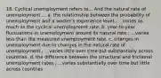 18. Cyclical unemployment refers to... And the natural rate of unemployment ... a. the relationship between the probability of unemployment and a worker's experience level.; ...varies as much as the cyclical unemployment rate. b. year-to-year fluctuations in unemployment around its natural rate.; ...varies less than the measured unemployment rate. c. changes in unemployment due to changes in the natural rate of unemployment.; ...varies little over time but substantially across countries. d. the difference between the structural and frictional unemployment rates.; ...varies substantially over time but little across countries.