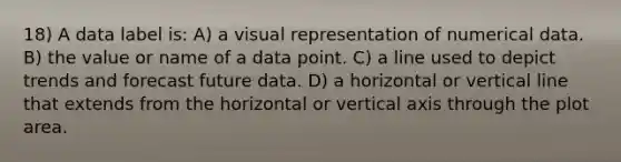 18) A data label is: A) a visual representation of numerical data. B) the value or name of a data point. C) a line used to depict trends and forecast future data. D) a horizontal or <a href='https://www.questionai.com/knowledge/k6j3Z69xQg-vertical-line' class='anchor-knowledge'>vertical line</a> that extends from the horizontal or vertical axis through the plot area.