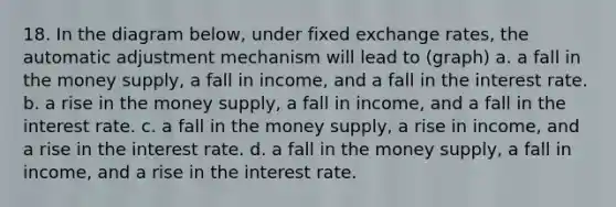 18. In the diagram below, under fixed exchange rates, the automatic adjustment mechanism will lead to (graph) a. a fall in the money supply, a fall in income, and a fall in the interest rate. b. a rise in the money supply, a fall in income, and a fall in the interest rate. c. a fall in the money supply, a rise in income, and a rise in the interest rate. d. a fall in the money supply, a fall in income, and a rise in the interest rate.