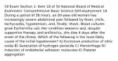 18 Exam Section 1: Item 18 of 50 National Board of Medical Examiners' Comprehensive Basic Science Self-Assessment 18. During a period of 36 hours, an 80-year-old woman has increasingly severe abdominal pain followed by fever, chills, tachycardia, hypotension, and, finally, shock. Blood cultures grow Escherichia coli. Her condition worsens and, despite supportive therapy and antibiotics, she dies 4 days after the onset of the illness. Which of the following is the most likely cause of the initial hypotension? A) Excessive production of nitric oxide B) Generation of hydrogen peroxide C) Hemorrhage D) Induction of endothelial adhesion molecules E) Platelet aggregation