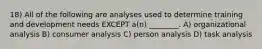 18) All of the following are analyses used to determine training and development needs EXCEPT a(n) ________. A) organizational analysis B) consumer analysis C) person analysis D) task analysis