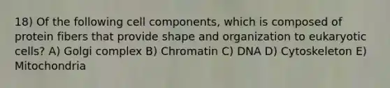 18) Of the following cell components, which is composed of protein fibers that provide shape and organization to eukaryotic cells? A) Golgi complex B) Chromatin C) DNA D) Cytoskeleton E) Mitochondria