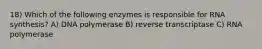 18) Which of the following enzymes is responsible for RNA synthesis? A) DNA polymerase B) reverse transcriptase C) RNA polymerase