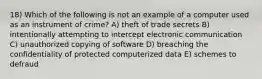 18) Which of the following is not an example of a computer used as an instrument of crime? A) theft of trade secrets B) intentionally attempting to intercept electronic communication C) unauthorized copying of software D) breaching the confidentiality of protected computerized data E) schemes to defraud