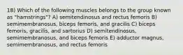 18) Which of the following muscles belongs to the group known as "hamstrings"? A) semitendinosus and rectus femoris B) semimembranosus, biceps femoris, and gracilis C) biceps femoris, gracilis, and sartorius D) semitendinosus, semimembranosus, and biceps femoris E) adductor magnus, semimembranosus, and rectus femoris