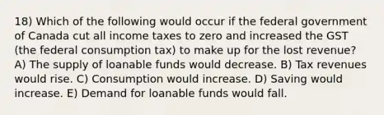 18) Which of the following would occur if the federal government of Canada cut all income taxes to zero and increased the GST (the federal consumption tax) to make up for the lost revenue? A) The supply of loanable funds would decrease. B) Tax revenues would rise. C) Consumption would increase. D) Saving would increase. E) Demand for loanable funds would fall.