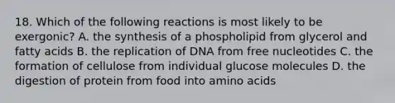 18. Which of the following reactions is most likely to be exergonic? A. the synthesis of a phospholipid from glycerol and fatty acids B. the replication of DNA from free nucleotides C. the formation of cellulose from individual glucose molecules D. the digestion of protein from food into amino acids