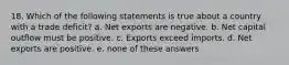 18. Which of the following statements is true about a country with a trade deficit? a. Net exports are negative. b. Net capital outflow must be positive. c. Exports exceed imports. d. Net exports are positive. e. none of these answers