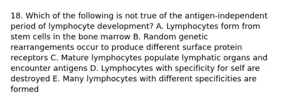 18. Which of the following is not true of the antigen-independent period of lymphocyte development? A. Lymphocytes form from stem cells in the bone marrow B. Random genetic rearrangements occur to produce different surface protein receptors C. Mature lymphocytes populate lymphatic organs and encounter antigens D. Lymphocytes with specificity for self are destroyed E. Many lymphocytes with different specificities are formed