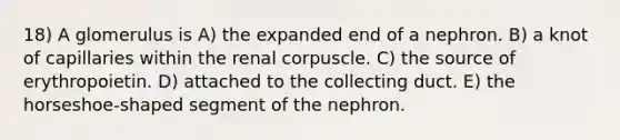 18) A glomerulus is A) the expanded end of a nephron. B) a knot of capillaries within the renal corpuscle. C) the source of erythropoietin. D) attached to the collecting duct. E) the horseshoe-shaped segment of the nephron.