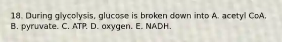 18. During glycolysis, glucose is broken down into A. acetyl CoA. B. pyruvate. C. ATP. D. oxygen. E. NADH.