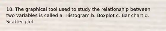 18. The graphical tool used to study the relationship between two variables is called a. Histogram b. Boxplot c. Bar chart d. Scatter plot