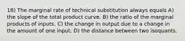 18) The marginal rate of technical substitution always equals A) the slope of the total product curve. B) the ratio of the marginal products of inputs. C) the change in output due to a change in the amount of one input. D) the distance between two isoquants.