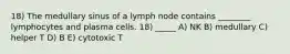 18) The medullary sinus of a lymph node contains ________ lymphocytes and plasma cells. 18) _____ A) NK B) medullary C) helper T D) B E) cytotoxic T