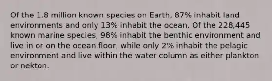 Of the 1.8 million known species on Earth, 87% inhabit land environments and only 13% inhabit the ocean. Of the 228,445 known marine species, 98% inhabit the benthic environment and live in or on the ocean floor, while only 2% inhabit the pelagic environment and live within the water column as either plankton or nekton.