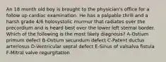 An 18 month old boy is brought to the physician's office for a follow up cardiac examination. He has a palpable thrill and a harsh grade 4/6 holosystolic murmur that radiates over the precordium and is heard best over the lower left sternal border. Which of the following is the most likely diagnosis? A-Ostium primum defect B-Ostium secundum defect C-Patent ductus arteriosus D-Ventricular septal defect E-Sinus of valsalva fistula F-Mitral valve regurgitation