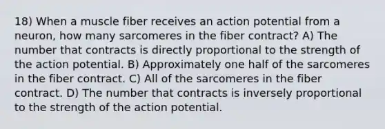 18) When a muscle fiber receives an action potential from a neuron, how many sarcomeres in the fiber contract? A) The number that contracts is directly proportional to the strength of the action potential. B) Approximately one half of the sarcomeres in the fiber contract. C) All of the sarcomeres in the fiber contract. D) The number that contracts is inversely proportional to the strength of the action potential.