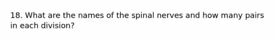 18. What are the names of the spinal nerves and how many pairs in each division?