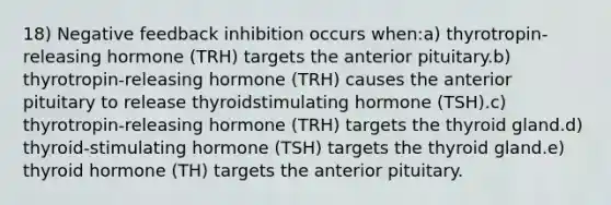 18) Negative feedback inhibition occurs when:a) thyrotropin-releasing hormone (TRH) targets the anterior pituitary.b) thyrotropin-releasing hormone (TRH) causes the anterior pituitary to release thyroidstimulating hormone (TSH).c) thyrotropin-releasing hormone (TRH) targets the thyroid gland.d) thyroid-stimulating hormone (TSH) targets the thyroid gland.e) thyroid hormone (TH) targets the anterior pituitary.