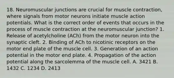 18. Neuromuscular junctions are crucial for muscle contraction, where signals from motor neurons initiate muscle action potentials. What is the correct order of events that occurs in the process of muscle contraction at the neuromuscular junction? 1. Release of acetylcholine (ACh) from the motor neuron into the synaptic cleft. 2. Binding of ACh to nicotinic receptors on the motor end plate of the muscle cell. 3. Generation of an action potential in the motor end plate. 4. Propagation of the action potential along the sarcolemma of the muscle cell. A. 3421 B. 1432 C. 1234 D. 2413