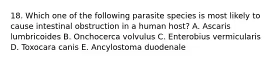 18. Which one of the following parasite species is most likely to cause intestinal obstruction in a human host? A. Ascaris lumbricoides B. Onchocerca volvulus C. Enterobius vermicularis D. Toxocara canis E. Ancylostoma duodenale