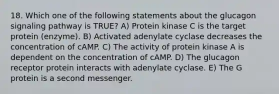 18. Which one of the following statements about the glucagon signaling pathway is TRUE? A) Protein kinase C is the target protein (enzyme). B) Activated adenylate cyclase decreases the concentration of cAMP. C) The activity of protein kinase A is dependent on the concentration of cAMP. D) The glucagon receptor protein interacts with adenylate cyclase. E) The G protein is a second messenger.