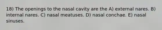 18) The openings to the nasal cavity are the A) external nares. B) internal nares. C) nasal meatuses. D) nasal conchae. E) nasal sinuses.