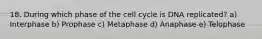 18. During which phase of the cell cycle is DNA replicated? a) Interphase b) Prophase c) Metaphase d) Anaphase e) Telophase