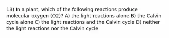 18) In a plant, which of the following reactions produce molecular oxygen (O2)? A) the light reactions alone B) the Calvin cycle alone C) the light reactions and the Calvin cycle D) neither the light reactions nor the Calvin cycle