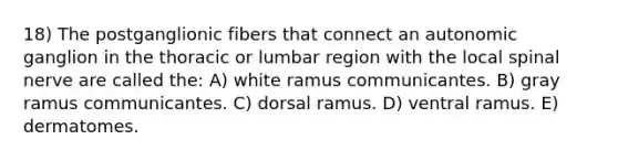 18) The postganglionic fibers that connect an autonomic ganglion in the thoracic or lumbar region with the local spinal nerve are called the: A) white ramus communicantes. B) gray ramus communicantes. C) dorsal ramus. D) ventral ramus. E) dermatomes.