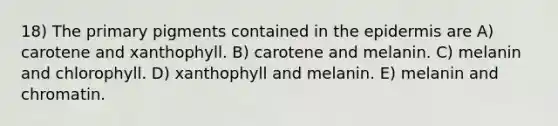 18) The primary pigments contained in the epidermis are A) carotene and xanthophyll. B) carotene and melanin. C) melanin and chlorophyll. D) xanthophyll and melanin. E) melanin and chromatin.