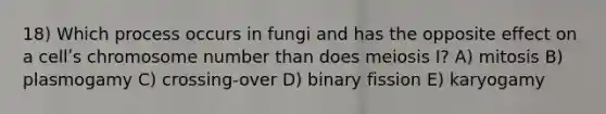 18) Which process occurs in fungi and has the opposite effect on a cellʹs chromosome number than does meiosis I? A) mitosis B) plasmogamy C) crossing-over D) binary fission E) karyogamy