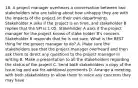 18. A project manager overhears a conversation between two stakeholders who are talking about how unhappy they are with the impacts of the project on their own departments. Stakeholder A asks if the project is on time, and stakeholder B replies that the SPI is 1.05. Stakeholder A asks if the project manager for the project knows of stake holder B's concern. Stakeholder B responds that he is not sure. What is the BEST thing for the project manager to do? A. Make sure the stakeholders see that the project manager overheard and then ask them to direct any questions to the project manager in writing B. Make a presentation to all the stakeholders regarding the status of the project C. Send both stakeholders a copy of the issue log and ask for additional comments D. Arrange a meeting with both stakeholders to allow them to voice any concerns they may have