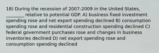 18) During the recession of 2007-2009 in the United States, ________ relative to potential GDP. A) business fixed investment spending rose and net export spending declined B) consumption spending rose and residential construction spending declined C) federal government purchases rose and changes in business inventories declined D) net export spending rose and consumption spending declined