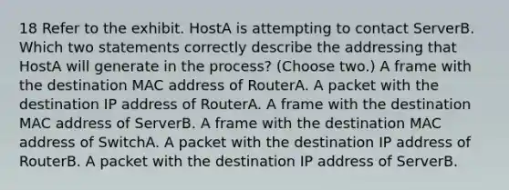 18 Refer to the exhibit. HostA is attempting to contact ServerB. Which two statements correctly describe the addressing that HostA will generate in the process? (Choose two.) A frame with the destination MAC address of RouterA. A packet with the destination IP address of RouterA. A frame with the destination MAC address of ServerB. A frame with the destination MAC address of SwitchA. A packet with the destination IP address of RouterB. A packet with the destination IP address of ServerB.