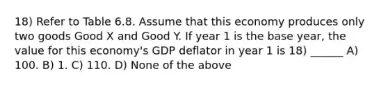 18) Refer to Table 6.8. Assume that this economy produces only two goods Good X and Good Y. If year 1 is the base year, the value for this economy's GDP deflator in year 1 is 18) ______ A) 100. B) 1. C) 110. D) None of the above