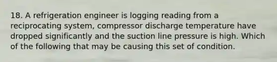 18. A refrigeration engineer is logging reading from a reciprocating system, compressor discharge temperature have dropped significantly and the suction line pressure is high. Which of the following that may be causing this set of condition.