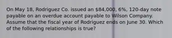 On May 18, Rodriguez Co. issued an 84,000, 6%, 120-day note payable on an overdue account payable to Wilson Company. Assume that the fiscal year of Rodriguez ends on June 30. Which of the following relationships is true?