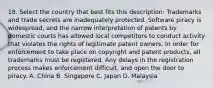 18. Select the country that best fits this description: Trademarks and trade secrets are inadequately protected. Software piracy is widespread, and the narrow interpretation of patents by domestic courts has allowed local competitors to conduct activity that violates the rights of legitimate patent owners. In order for enforcement to take place on copyright and patent products, all trademarks must be registered. Any delays in the registration process makes enforcement difficult, and open the door to piracy. A. China B. Singapore C. Japan D. Malaysia