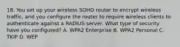 18. You set up your wireless SOHO router to encrypt wireless traffic, and you configure the router to require wireless clients to authenticate against a RADIUS server. What type of security have you configured? A. WPA2 Enterprise B. WPA2 Personal C. TKIP D. WEP