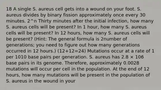 18 A single S. aureus cell gets into a wound on your foot. S. aureus divides by binary fission approximately once every 30 minutes. 2^n Thirty minutes after the initial infection, how many S. aureus cells will be present? In 1 hour, how many S. aureus cells will be present? In 12 hours, how many S. aureus cells will be present? (Hint: The general formula is 2number of generations; you need to figure out how many generations occurred in 12 hours.) (12+12=24) Mutations occur at a rate of 1 per 1010 base pairs per generation. S. aureus has 2.8 × 106 base pairs in its genome. Therefore, approximately 0.0028 mutations will occur per cell in the population. At the end of 12 hours, how many mutations will be present in the population of S. aureus in the wound in your