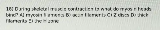 18) During skeletal muscle contraction to what do myosin heads bind? A) myosin filaments B) actin filaments C) Z discs D) thick filaments E) the H zone