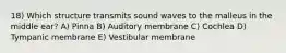 18) Which structure transmits sound waves to the malleus in the middle ear? A) Pinna B) Auditory membrane C) Cochlea D) Tympanic membrane E) Vestibular membrane