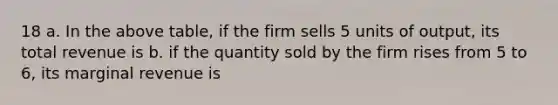 18 a. In the above​ table, if the firm sells 5 units of​ output, its total revenue is b. if the quantity sold by the firm rises from 5 to​ 6, its marginal revenue is