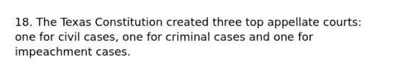 18. The Texas Constitution created three top appellate courts: one for civil cases, one for criminal cases and one for impeachment cases.